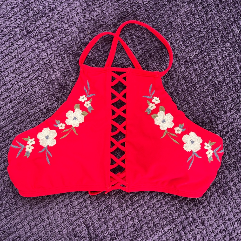 Hollister Red Swim Tie Bikini Halter Top floral embroidery medium women’s teens